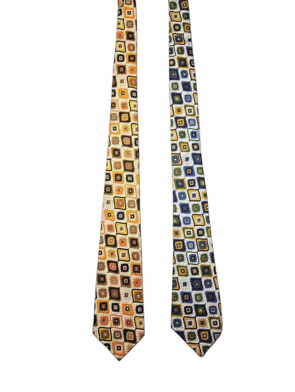 Set of Two Vintage Geometric Youth Silk Ties in Earth and Cool Tones